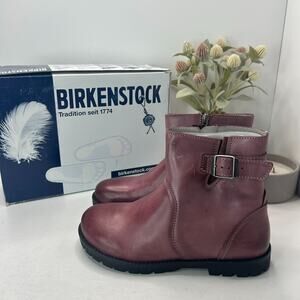 Birkenstock Stowe Leather Buckle Strap Zip Boots Burgundy 461151 Women's 7 NWB